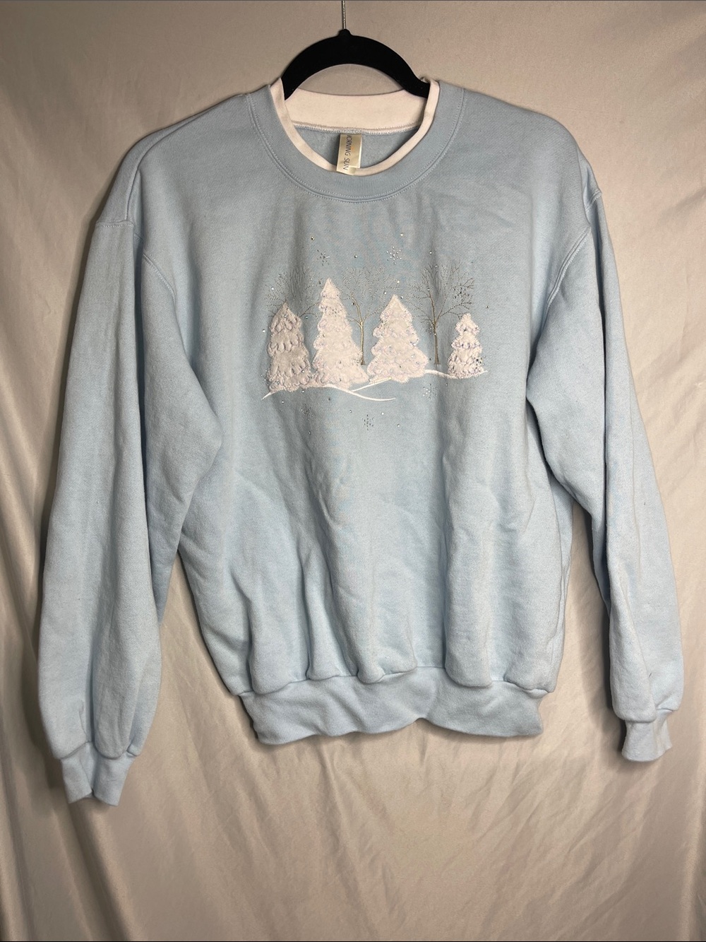 Light Blue Women's Crewneck Sweater with White Embroidered Trees